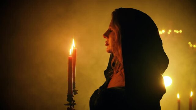 Portrait fantasy victorian era woman in dark night black room holding old candlestick in hands candles burning warm light. Vintage retro style cape dress with hood on head. Blonde hair sexy face girl.