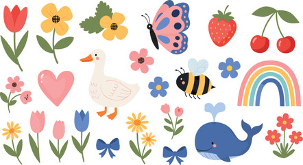 Cute spring nature vector set with flowers, butterfly, bee, whale, rainbow, goose and garden elements cartoon illustration © MdNazmul