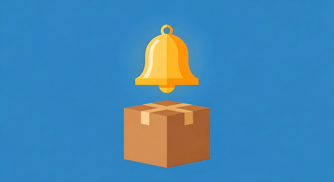 Pending delivery alert and package shipment notification concept with bell icon over sealed cardboard box for e-commerce logistics tracking website banner