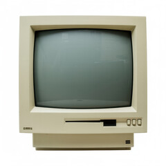 Old beige computer monitor on white background screen