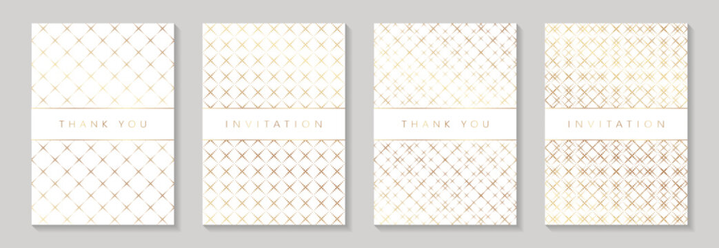 Luxury geometric abstract white backgrounds with golden rhombuses mosaic. Wedding invitations, greeting and business cards, rsvp templates. Premium seamless patterns
