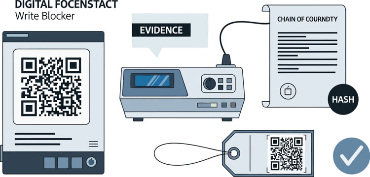 A digital forensic write blocker device connects to a storage unit displaying a QR code next to a document labeled chain of custody.