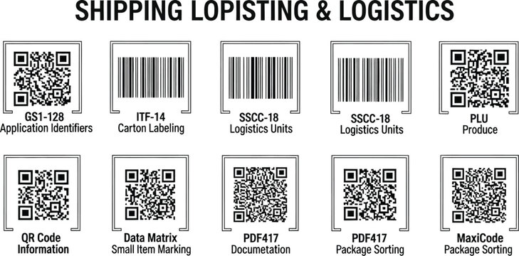 Various standardized shipping and logistics codes, including QR codes and different barcode types, illustrate global package identification methods.