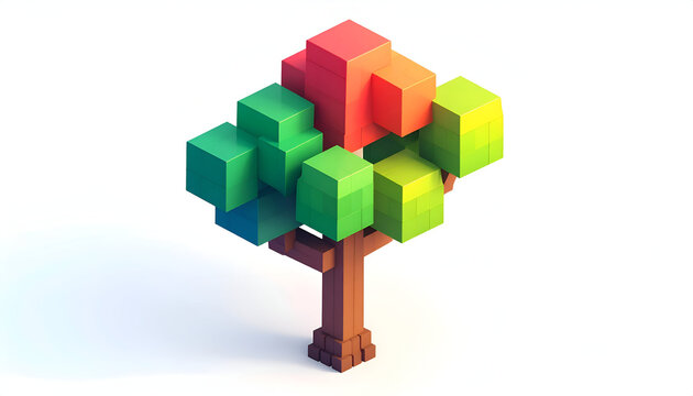 Low poly 3D render of voxel tree with multicolored leaves on a white background