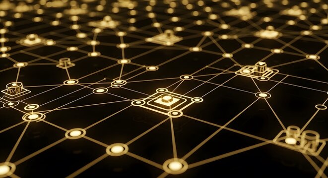 Gold Digital Network Connection with Glowing Circuit Nodes and Interconnected Data Lines on Dark Luxury Background
