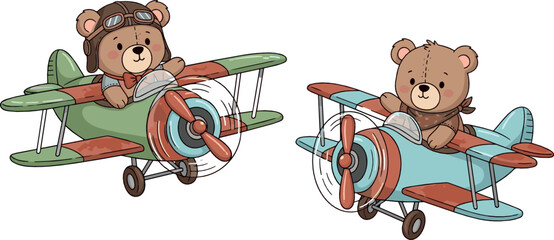 Cute Teddy Bear Pilot Flying Vintage Airplane Cartoon Vector Illustration Set © MdNazmul