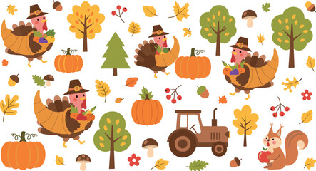 Cute Thanksgiving autumn vector set with turkeys, pumpkins, tractor, trees, squirrel and fall leaves cartoon harvest illustration © MdNazmul