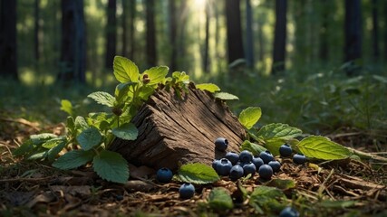 Obraz premium A serene forest scene featuring a moss-covered log surrounded by fresh blueberries and mint leaves