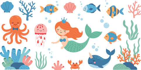 Cute Underwater Mermaid and Sea Animals Collection with Octopus Jellyfish Whale Fish Coral Cartoon Vector Illustration Set © MdNazmul