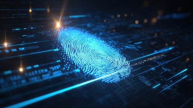 cybersecurity concept with biometric scanner, fingerprint authentication, glowing digital shield protecting data streams, dark futuristic interface