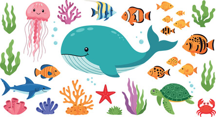 Cute Underwater Sea Life Collection with Whale Jellyfish Tropical Fish Turtle Shark Coral and Ocean Cartoon Vector Illustration Set © MdNazmul