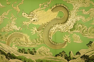 Fototapeta premium Oriental toile art style with stunning emperor dragon wallpaper in gold and green color pattern representation calligraphy.