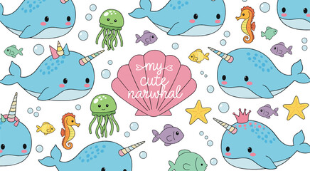 Cute Underwater Narwhal Seamless Pattern with Whales Jellyfish Seahorse Fish and Ocean Cartoon Vector Background © MdNazmul