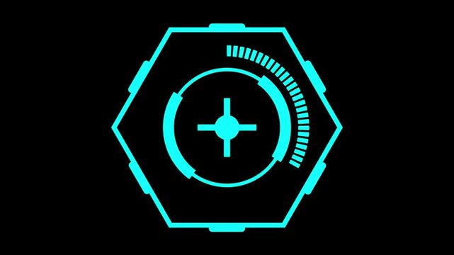 Cyan hexagonal targeting reticle with cross hair aiming system on black background, futuristic weapon scope style interface design, technology hud animation.