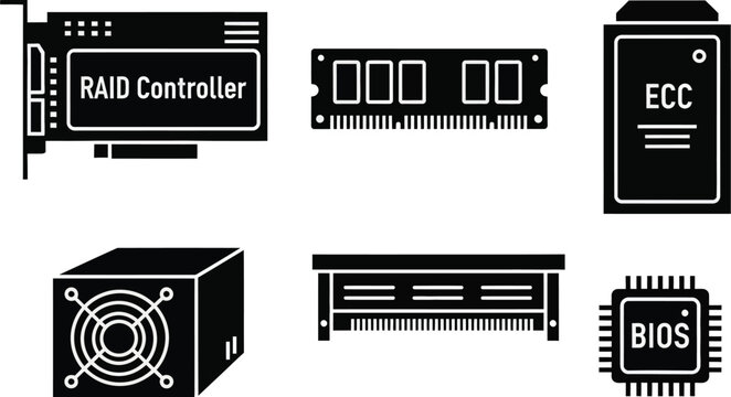 A collection of essential internal computer hardware components, such as a RAID controller, RAM module, ECC memory, power supply, and BIOS chip, are shown as black icons.