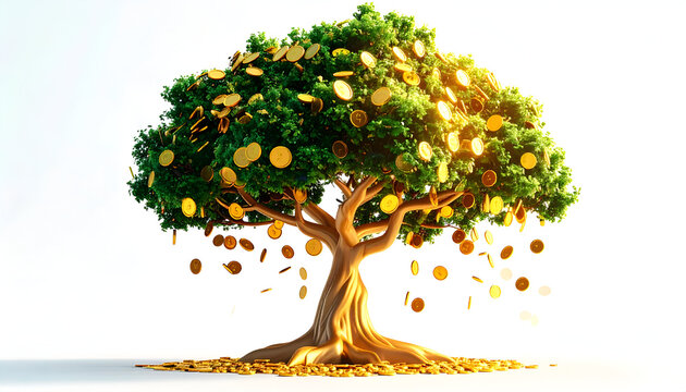 Tree with golden coins on branches and falling isolated against a bright studio backdrop