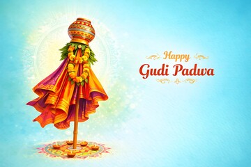 Fototapeta premium Happy Gudi Padwa Indian New Year Festival Illustration Featuring Traditional Gudi Flag With Decorative Cloth And Cultural Celebration Background