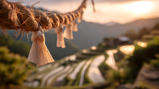 Sacred Shimenawa Rope with Paper Shide and Rice Terraces in Rural Japan