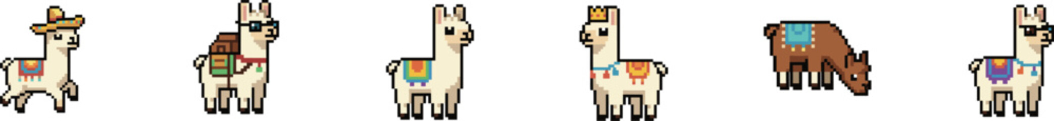 Pixel vector collection of colorful llamas and a zebra character