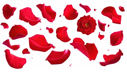 Fototapeta premium Vivid red rose petals scattered against a pristine white backdrop