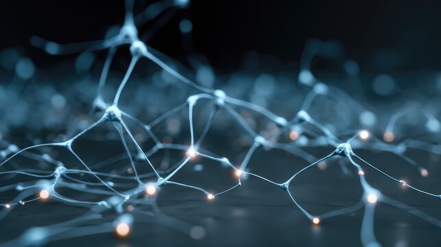 Digital neural network visualization with glowing nodes and connections symbolizing artificial intelligence learning system