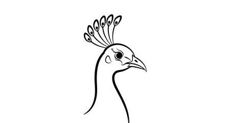 Fototapeta premium Elegant black and white line art drawing of a peacock's head with its distinctive crest.