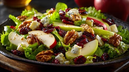 Mouth-watering food photography of a fresh green salad bursting with crisp apple slices, dried cranberries, walnuts, and fine feta cheese.