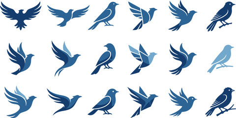 A diverse collection of stylized blue bird icons representing freedom nature and flight © sehrish
