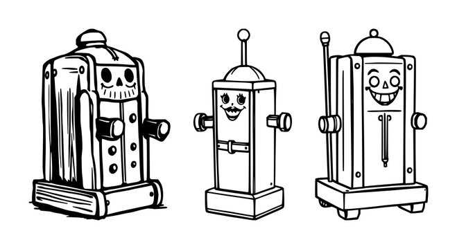 Jumping jack toy set with black line art illustration featuring vintage toy, retro play device, mechanical armature with simple style and outline