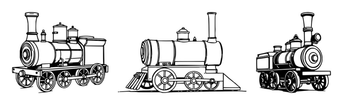 Antique toy steam engine set with black line art design featuring steam locomotive, toy train, industrial vintage with monochrome and silhouette