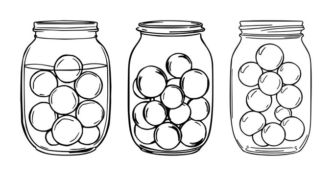 glass marbles set with black line art of marbles arranged in a jar on white background featuring glass, jewelry, decorative items with minimalism and illustration