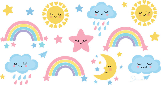 Cute Weather and Sky Cartoon Collection with Sun Rainbow Cloud Moon Star and Kawaii Vector Illustration Set
