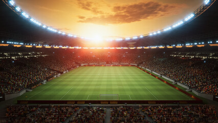 Elevated Sunset Look of Soccer Stadium During Major Match Event. Aerial Views Reveal Packed Stands Surrounding Pitch. Thousands of Spectators on Arena for International Tournament. Cinematic Flyover   © Gorodenkoff