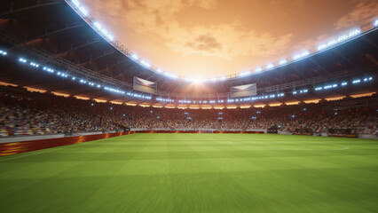 Night Aerial View of a Soccer Stadium During a Championship Match. Teams Compete, Fans Fill the Stands. Football Tournament, Cup Broadcast. Sport Channel Television Playback, Screen Content. © Gorodenkoff