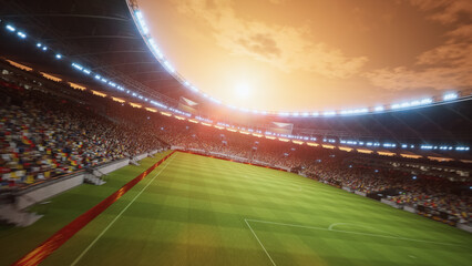 Sunset Drone Flight Circles Soccer Stadium During Major Event. Aerial Orbital Cinematic Flyover. Football Tournament, Cup Broadcast. Sport Channel Network Television Playback, Screen Content