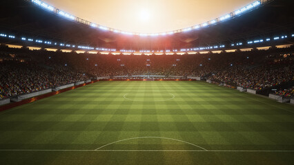 Soccer Stadium Hosts a Championship Final at Sunset, With Fans Celebrating in Packed Stands and Banners Waving. Broadcast ready Arena, High stakes Tournament Entertainment Event © Gorodenkoff