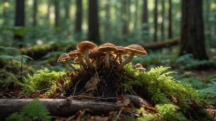 Obraz premium A cluster of mushrooms growing on a forest floor surrounded by lush greenery and soft sunlight