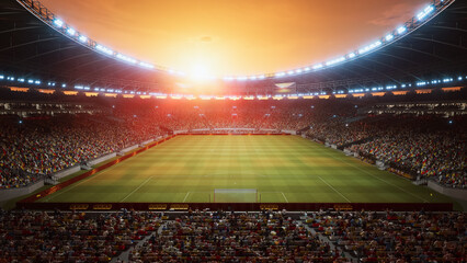 Aerial Elevated Soccer Stadium Filled With Cheering Fans, Excitement and Energy of the Game. Sports Match Championship Finals on Big Aerna Filled with Fans. High Camera Effect © Gorodenkoff
