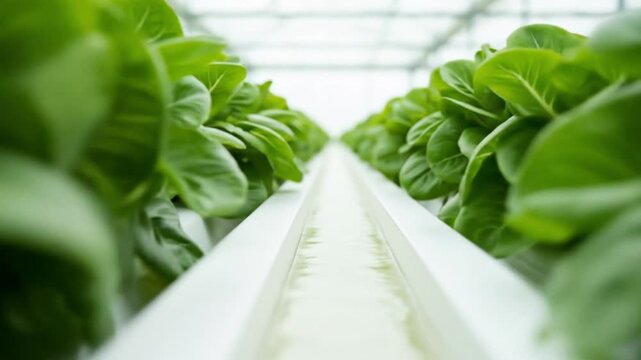 Rows of vibrant green leafy vegetables growing in a high-tech hydroponic farm system under controlled lighting conditions, showcasing modern agriculture.