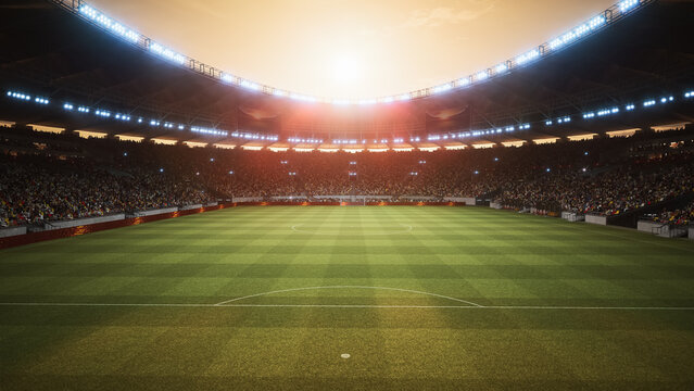Packed Soccer Championship Stadium at Sunset, Green Field Pith and Roaring Crowd. Wide angle Arena View of Match, Grandstand, Tournament Excitement, Perfect Football Final, League, Cup.