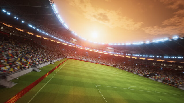Sunset Drone Flight Circles Soccer Stadium During Major Event. Aerial Orbital Cinematic Flyover. Football Tournament, Cup Broadcast. Sport Channel Network Television Playback, Screen Content