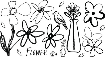 A delightful assortment of hand drawn whimsical flowers a bird and a snail offers unique doodle art © sehrish