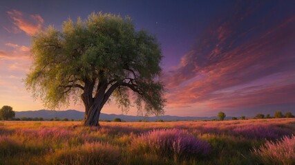 Fototapeta premium Majestic tree standing alone in a vibrant lavender field at sunset, with colorful clouds in the background