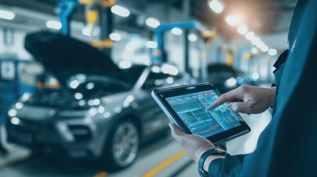 modern car diagnostic equipment connected to vehicle in service garage, mechanic checking digital data on tablet, professional automotive maintenance