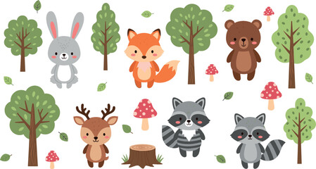 Obraz premium Cute woodland animals vector set with fox, bear, rabbit, raccoon and deer in forest trees and mushrooms cartoon illustration
