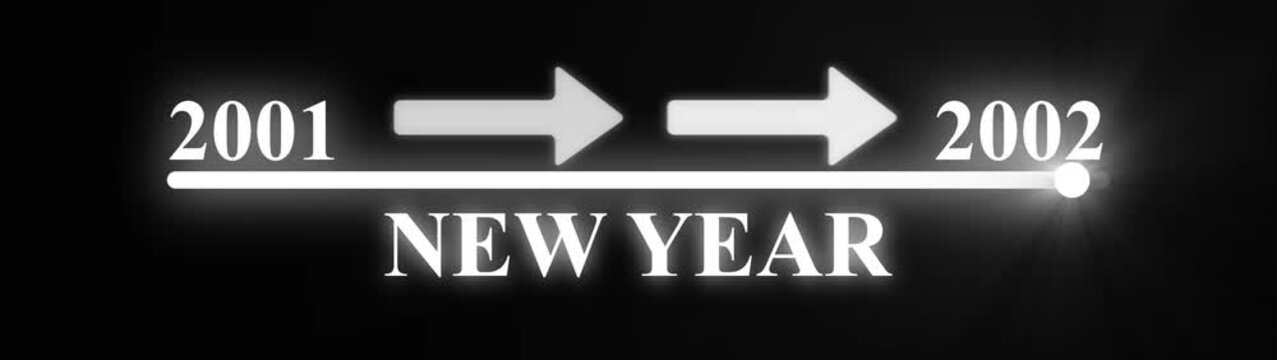 Glowing white Timeline Transition from 2001 to 2002 with Arrow Indicator neon white
