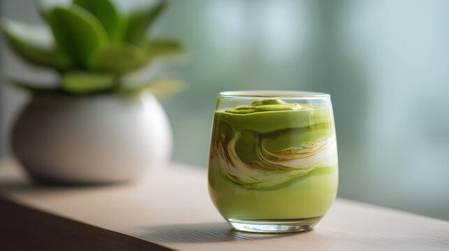 Matcha Swirl Imagery. Green Marbled Layered Beverage Scene. Home Barista Setting Showcasing Textured Creamy Matcha. Vibrant Layered Matcha Drink With Blurred Plant Background And Gentle Lighting