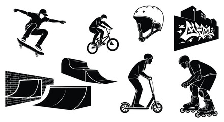 Extreme sports elements including skateboarding biking and skating a black silhouette © Rita