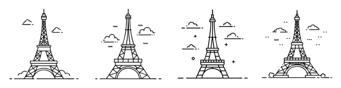 Four uniquely stylized Eiffel Towers stand in a row in black and white