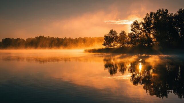 Gentle fog covering calm lake during early morning with golden sunlight reflecting on water surface